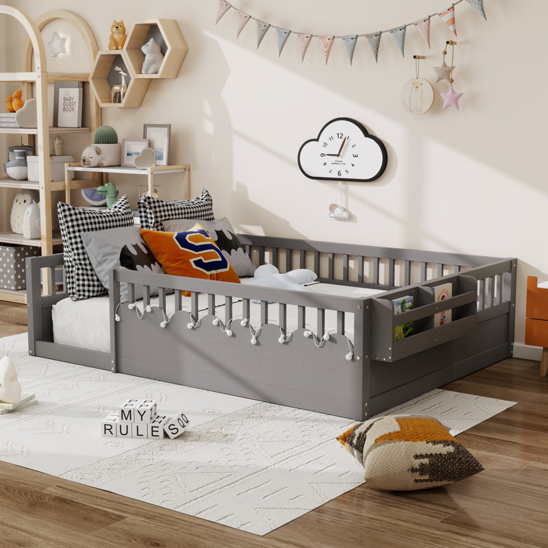 Full Size Floor Bed For Children With High Rails,Light And Storage Shelf, Gray