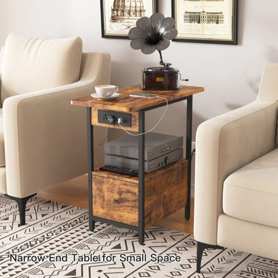 End Table With Charging Station, Narrow Side Table With Drawer And Usb Ports & Power Outlets, Nightstand Bedside Tables For Small Spaces, Bedroom, Living Room