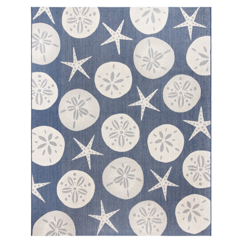 Solterra Solina Blue Beige Cream Nautical Tropical Starfish Flatweave Polypropylene Indoor/ Outdoor Area Rug