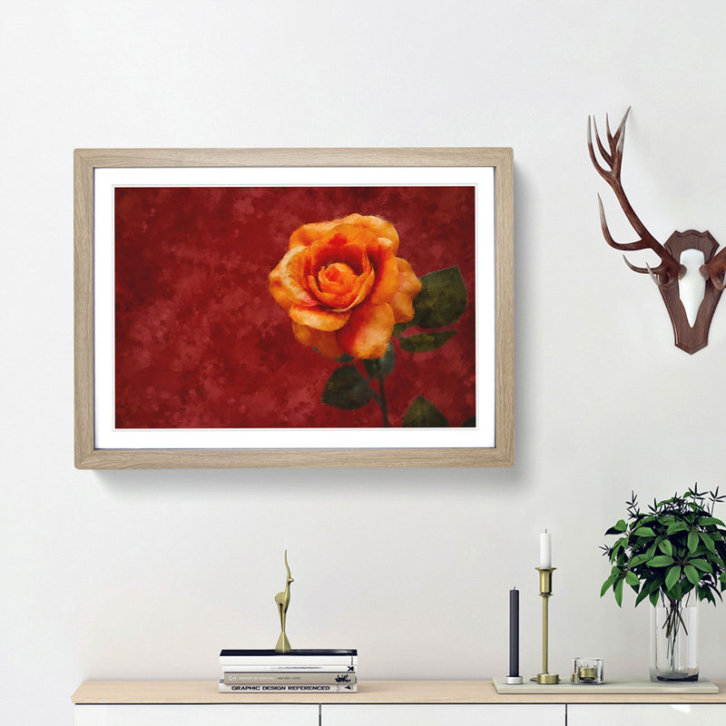 Orange Rose in Bloom - Picture Frame Graphic Art Print, 24cm H x 33cm W x 2cm D, Oak Framed