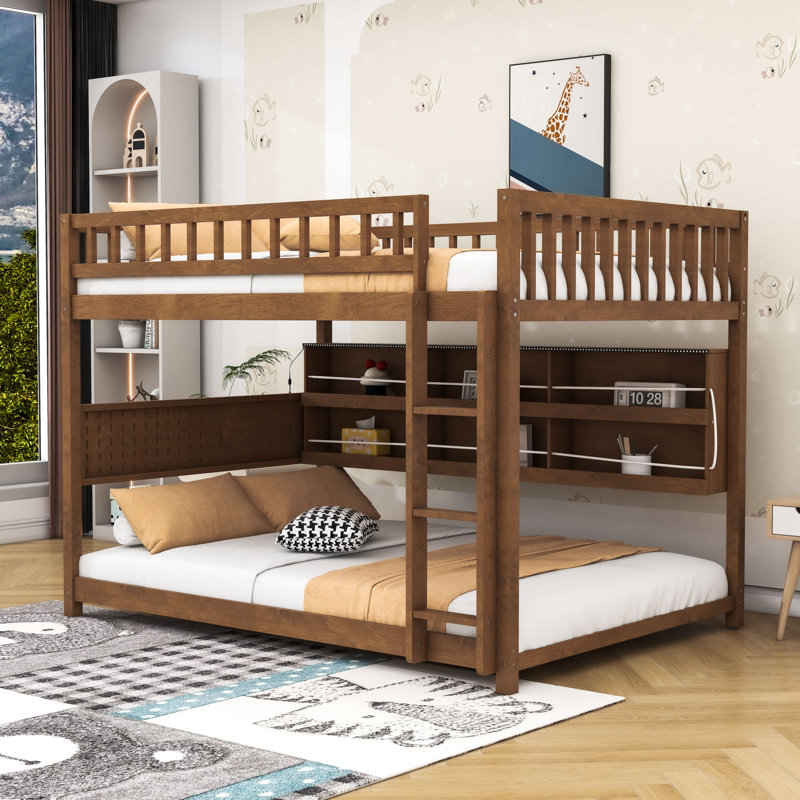 Lit superposé double en bois avec bande lumineuse, tablettes de rangement et panneau perforé, Brun