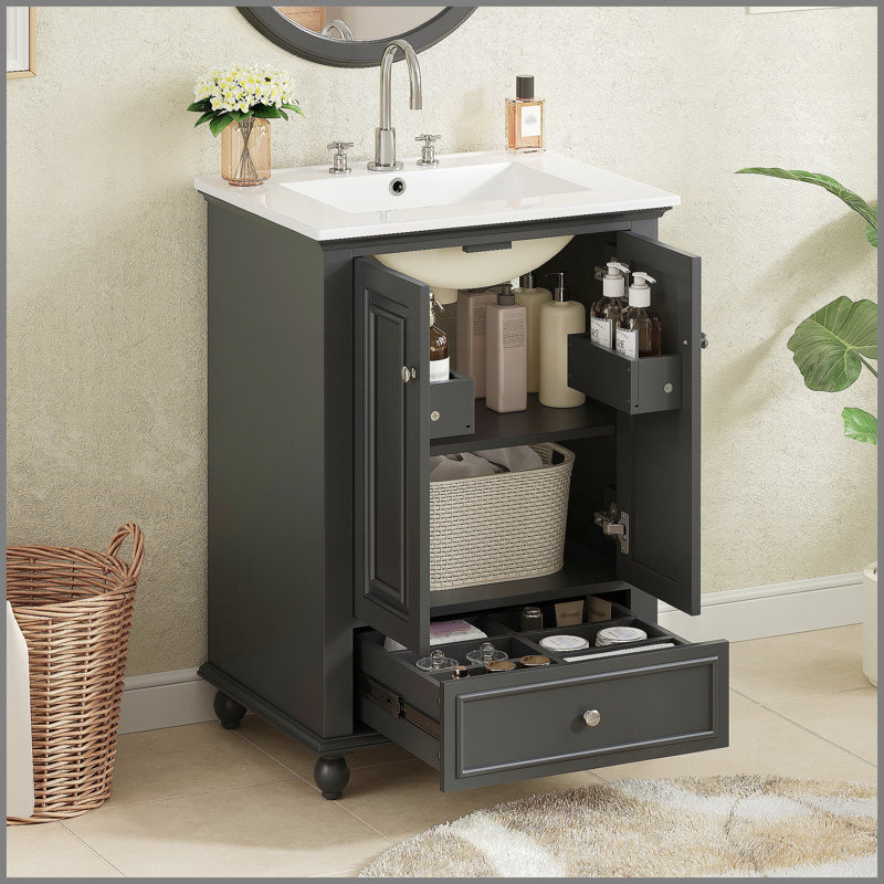 Meuble-lavabo de 24 po avec lavabo en céramique, portes à fermeture en douceur et cloisons de tiroir pour un rangement efficace