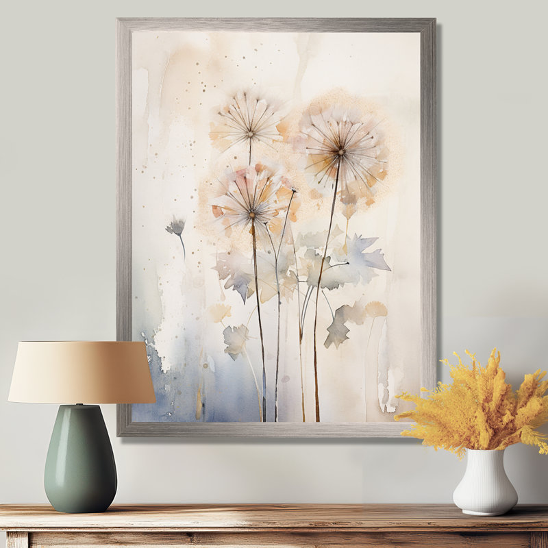 Dandelion Charm in Winter IV - Pissenlit grand, art mural, H 40 po x l 30 po x P 1,5 po, Cadre simple argenté