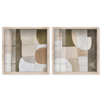 Olive Earthtone Diptych Shadowbox Print Beige Wall Decor Set by Art Remedy, Blonde Frame, 12 x 12