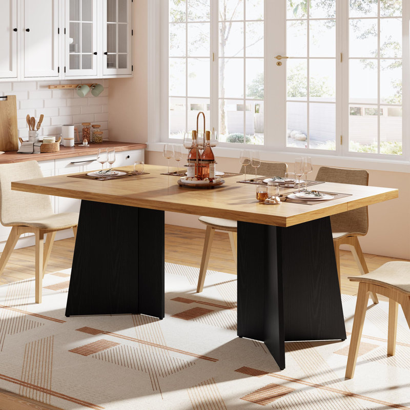 63" Dining Table for 6-8, Modern Rectangular Kitchen Table with Heavy-Duty Dual Pedestal Legs, Natural, Black