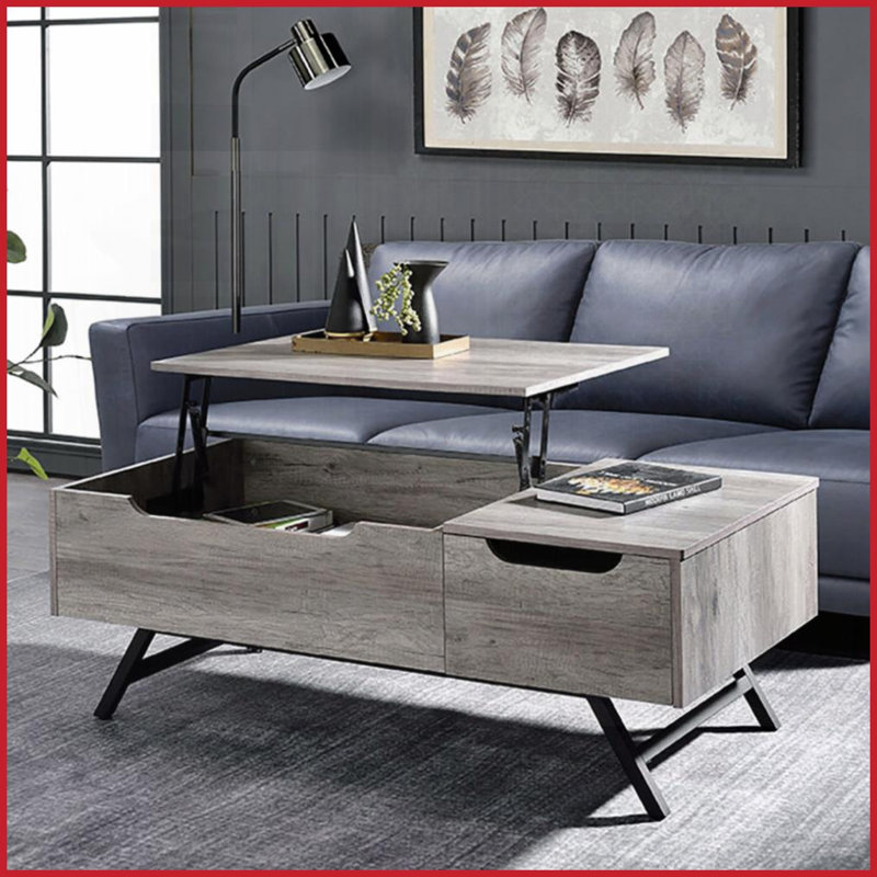 Table basse à plateau relevable en chêne gris avec pieds en métal stables - surface spacieuse et amp; Rangement caché pour le salon
