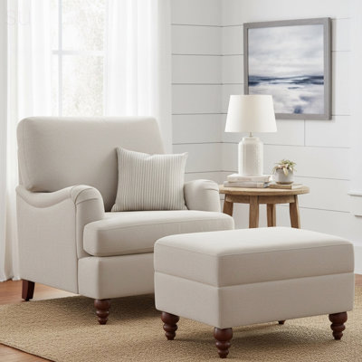 Ensemble de chaise avec accoudoirs et repose-pieds Candor Sea Oat avec coussin de siège réversible, style classique et pieds élégants en noyer pour plus de confort et de style