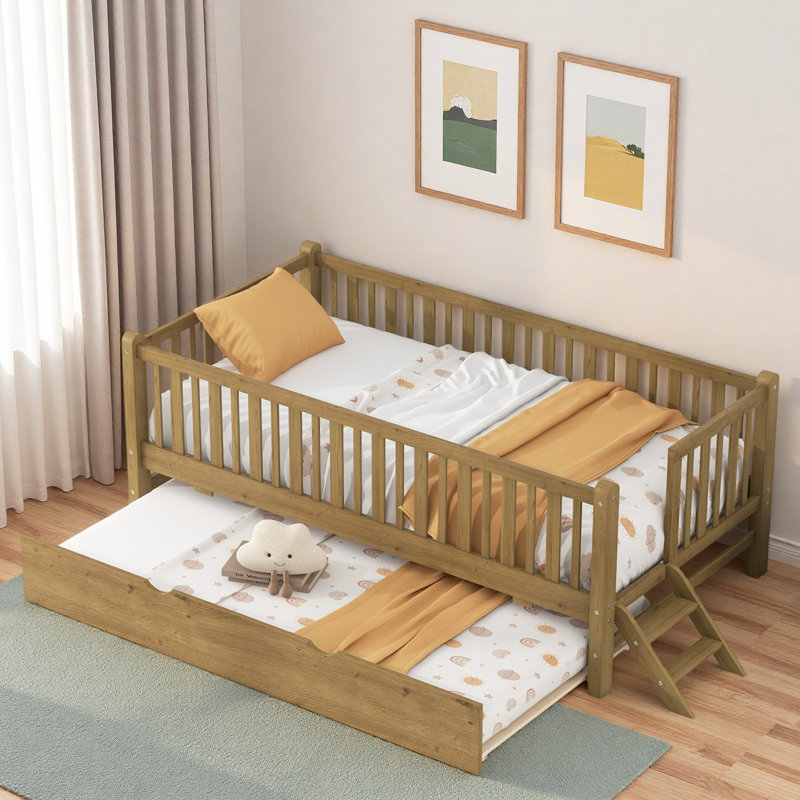 Lit plateforme en bois avec garde-corps et lit gigogne, Noyer