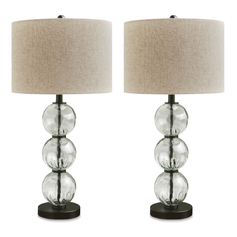 Black Glass and Metal Table Lamp Set with Drum Shade