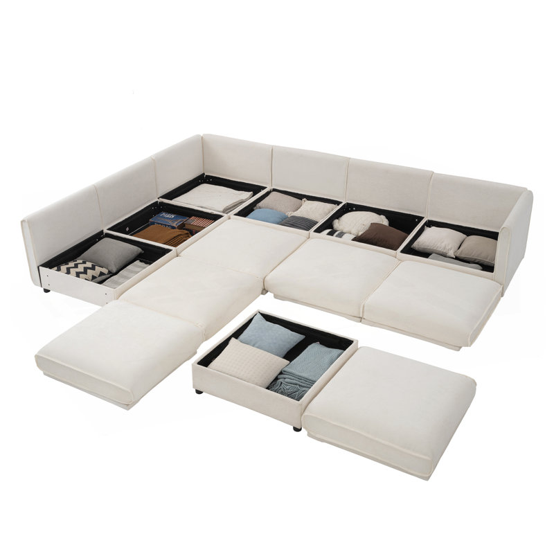 Modular Sectional Sofa with Storage Seat and Ottoman, White