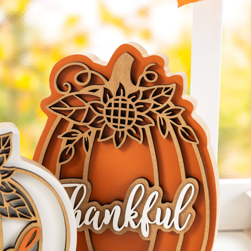 2-Piece 8"H Thanksgiving Wooden Pumpkin Table Decor