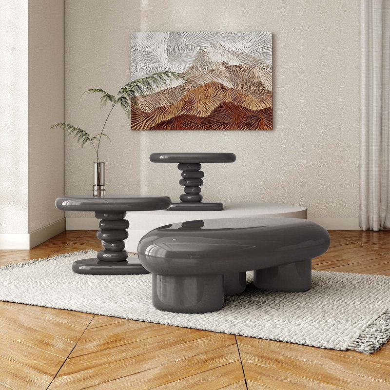 Jahmaal 3-Piece Glossy Coffee Table Set, Gray, 3 Pieces: 2 End Tables; Coffee Table