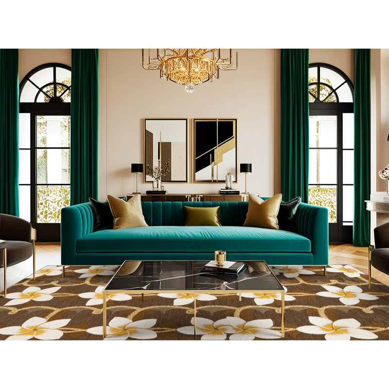  Washable Plumeria Chain Hawaiian Area Rug, Rond 5 pi