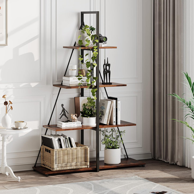 A-Shaped 4-Tier Ladder Bookshelf - Wood & Metal Storage Shelf for Living Room, Bedroom & Home Office, Brown
