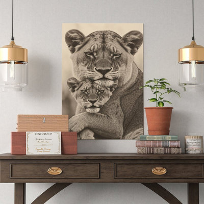 Canvas Wall Art Mom & Baby Lion, Cute Animal Family Wall Art 2-1 Vintage Poster Print Home Decor