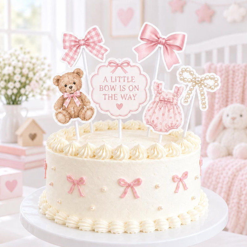 Ensemble de 6 décorations pour gâteau « Un petit nœud arrive », pour une révélation du sexe de bébé lors d'une fête prénatale.