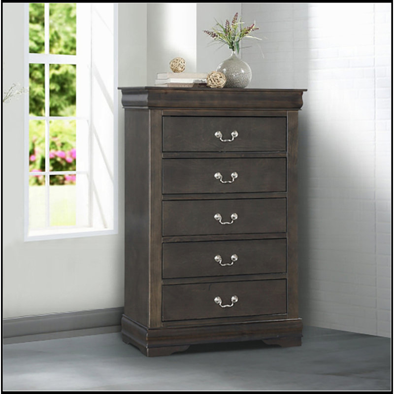 Commode 5 tiroirs avec poignées en métal, Gris foncé