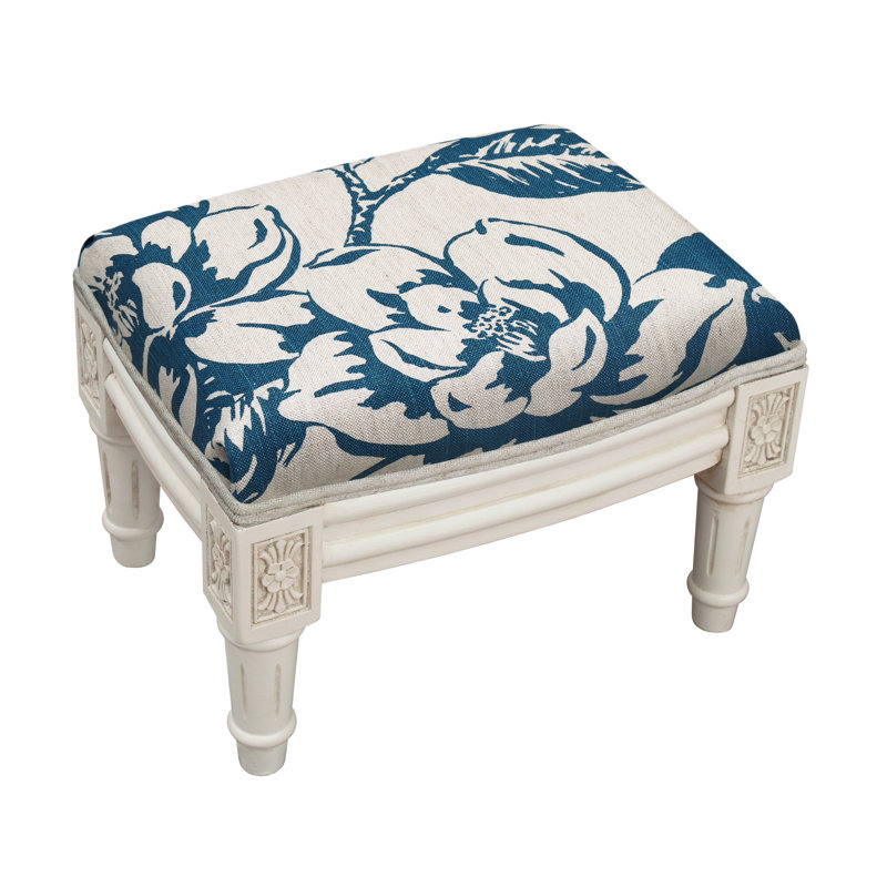 Camary Upholstered Ottoman, White, Navy Blue Floral Linen Blend