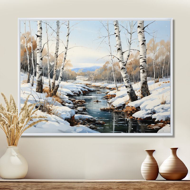 Birch Woods Winter Whispers I - impression sur toile de bouleau, H 30 po x l 40 po x P 1,5 po, Cadre flottant blanc