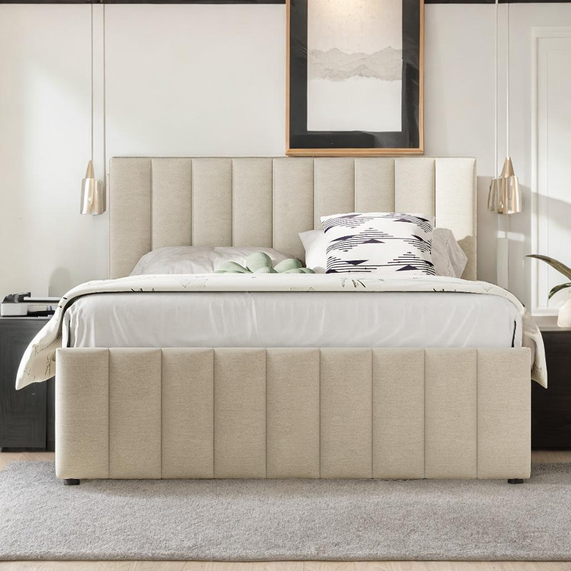Lit plateforme tapissier charmant avec lit gigogne et 3 tiroirs, Lit double, Beige