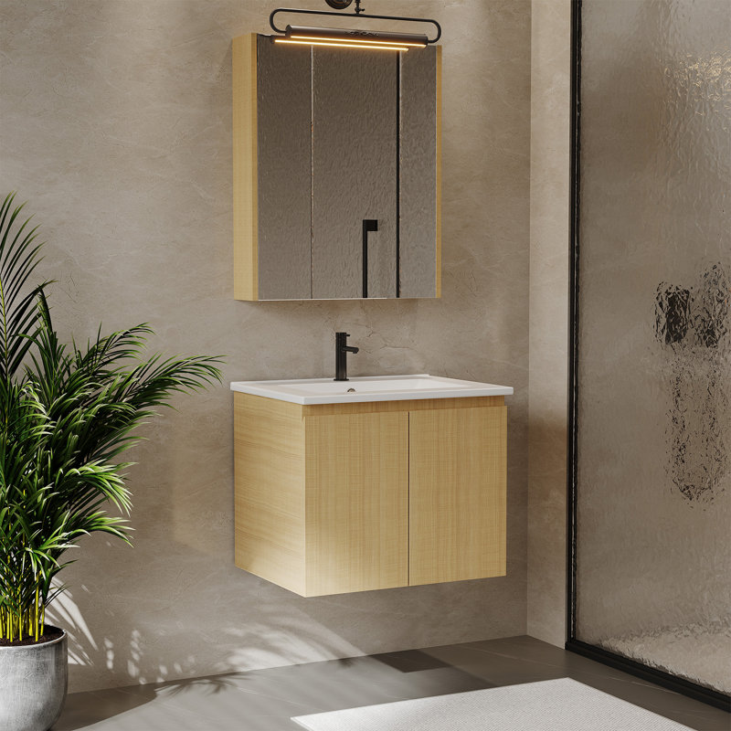 Wall-Mounted Floating Bathroom Vanity Unit with Integrated Ceramic Basin | Soft-Close Double Doors, Hidden Handle & Moisture-Resistant Storage, 59x46x50cm Natural Oak