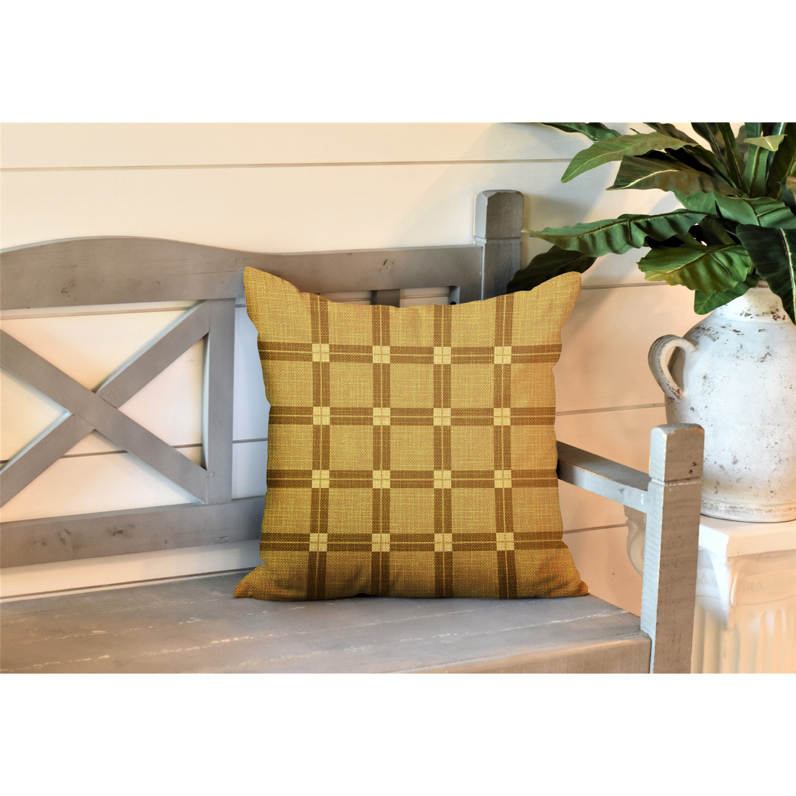Plaid Indoor/Outdoor Throw Pillow, 19" W x 19" H, Gold