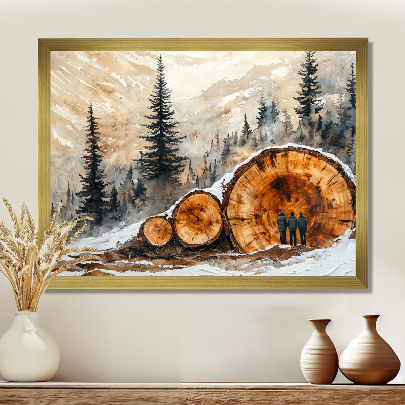 Genele randonnée groupe dans un paysage d'hiver I - randonnée d'art mural, H 12 po x l 20 po, Picture Framed Print, Doré