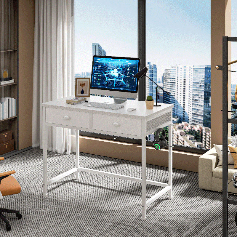 Rececca Writing Desk 35 in. Computer Desk with 2 Fabric Drawers Hooks Vanity Desk for Home Office, White
