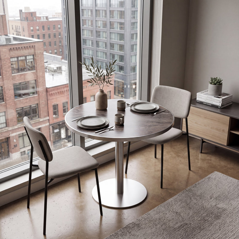 Table de salle à manger ronde à piédestal en pierre frittée avec base en acier inoxydable, Layered Taupe Gray