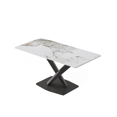 Table de salle à manger 63 "en pierre artificielle moderne à bords droits en métal noir 63" - 6 personnes