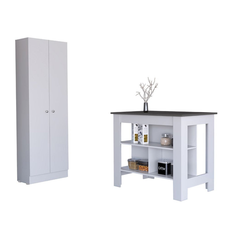 Arloa 2 Piece Kitchen Set, Kitchen Island + Kitchen Pantry, White/Onyx