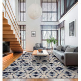 Shibori Hand Knotted Wool Area Rug in Ivory/Blue/Navy