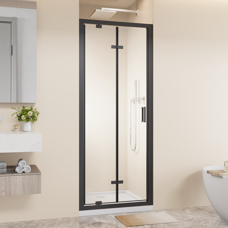 Porte de douche pivotante pliante avec cadre 30 po x 72 po peu encombrante, verre trempé transparent de 1/4 po avec poignée en acier inoxydable, installation réversible