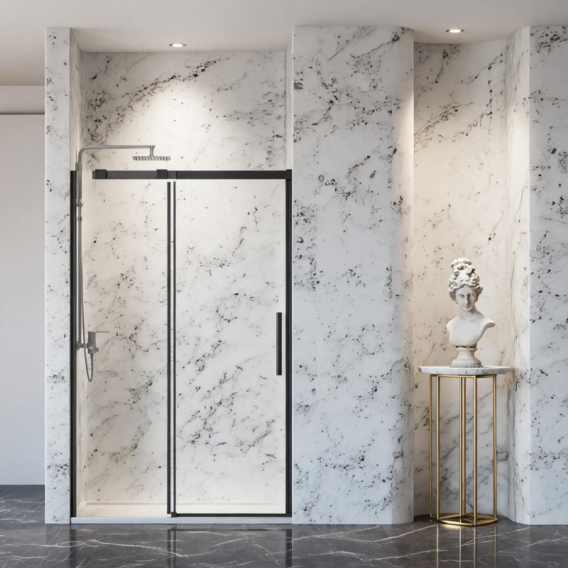 Porte de douche coulissante simple sans cadre, noir mat, de 117 à 122 cm (46 à 48 pouces), en verre trempé de 8 mm (5/16 po) d'épaisseur.