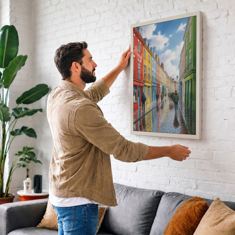Colorful Street Reflected Modern 1 Piece Wrapped Canvas Wall Art, 18x12 - 45.7 x 30.5 cm, Ochre Border
