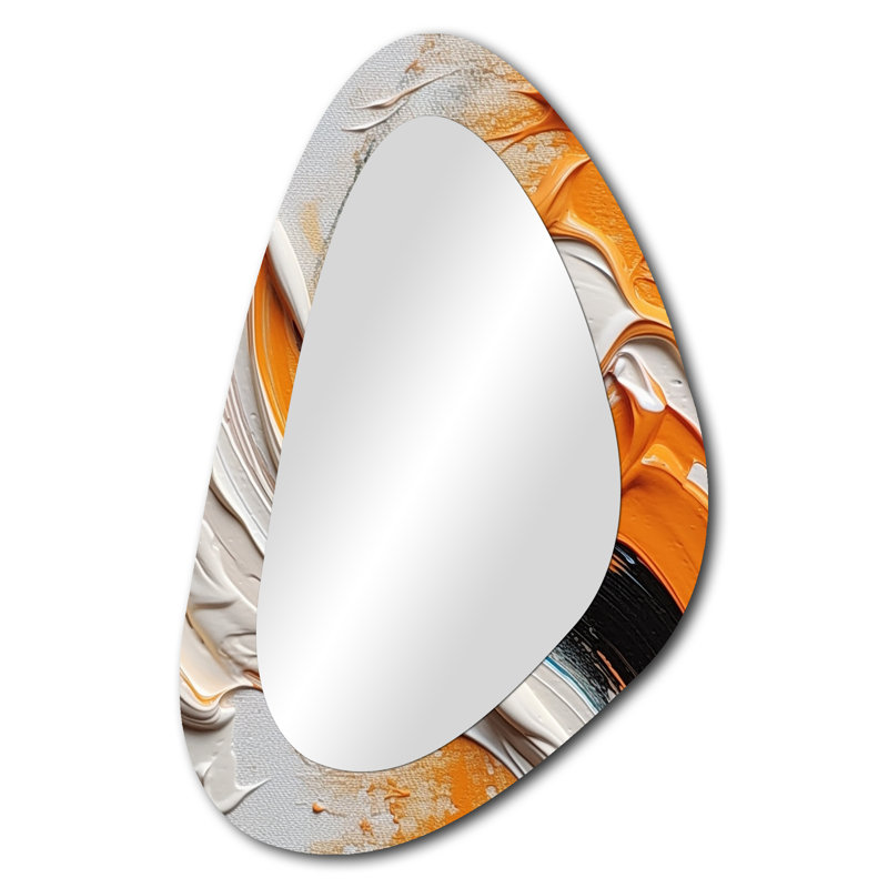 Orange and Black Mystic Spirals IV - Abstract Spirals Asymmetrical Unique Wall Mirror, Modern Unique Shape Mirror, Printed Metal Art