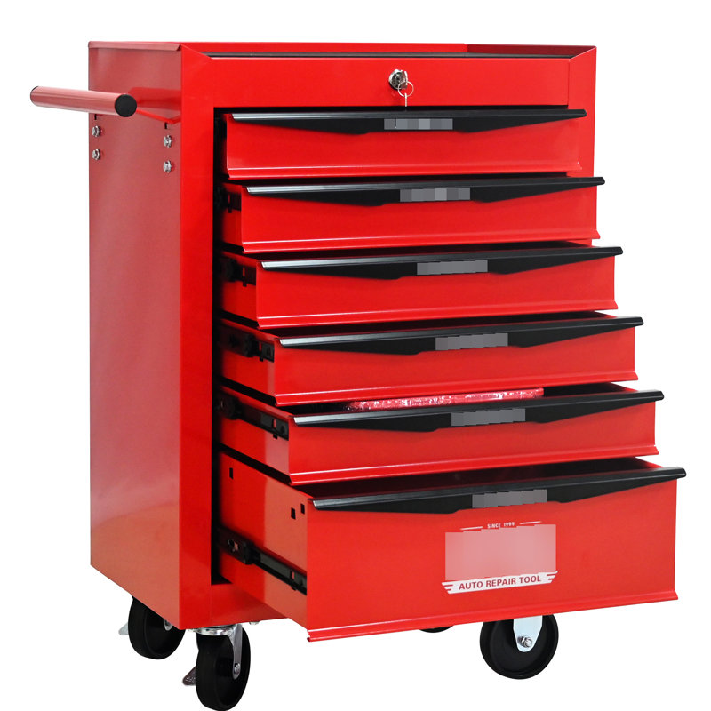 6 - Drawer Rolling Tool Storage Box, Red & Black Steel, Bearing Slides, 4 Wheels, Key Locking Trolley, And Blue Smooth Countertop, Lockable, Garage Use