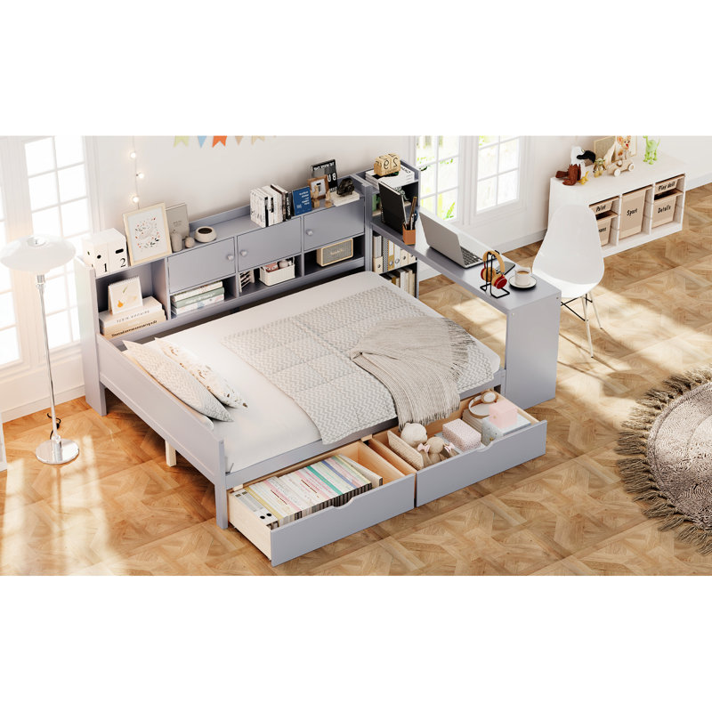 Lit de jour gris avec 3 armoires de rangement, 2 tiroirs, bureau d'étude polyvalent et espace multifonctionnel pour le rangement organisé en forme de L, cadre compact personnalisable