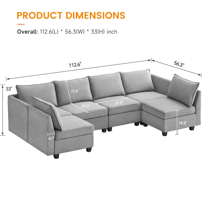 Canapé modulaire de 112 po avec sièges de rangement, canapé convertible en forme de U à 6 places avec grande chaise réversible de 112 po