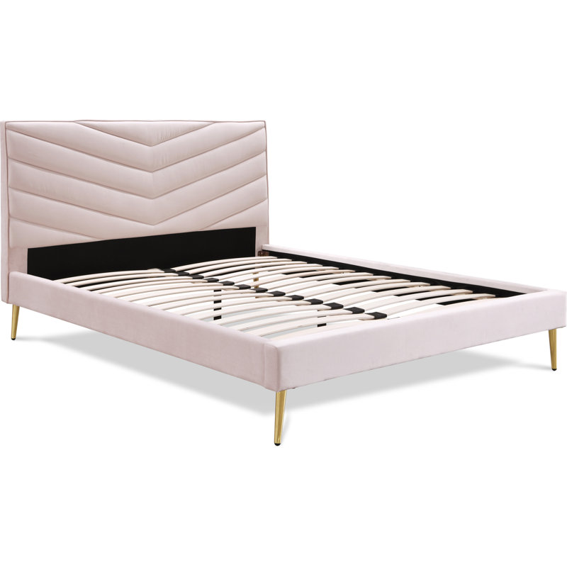 Adore Decor Sidney Upholstered Platform Queen Size Bed – Mid-Century Modern Plush Tufted Velvet Headboard with Chevron Stitching & Gold Tapered Legs