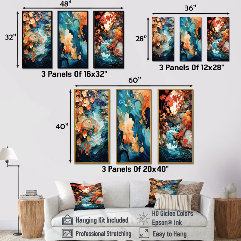 Ensemble de 3 impressions murales Whimsical Lakes Rivers Waterscapes - Lake River, Cadre flottant noir, H 40 po x l 60 po