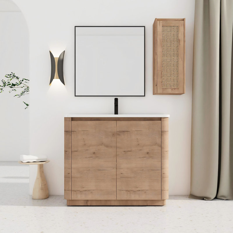 Meuble-lavabo autoportant de 40 po avec lavabo en céramique, surface blanche lisse, tablettes réglables, charnières, armoire latérale, meuble-lavabo, contreplaqué,