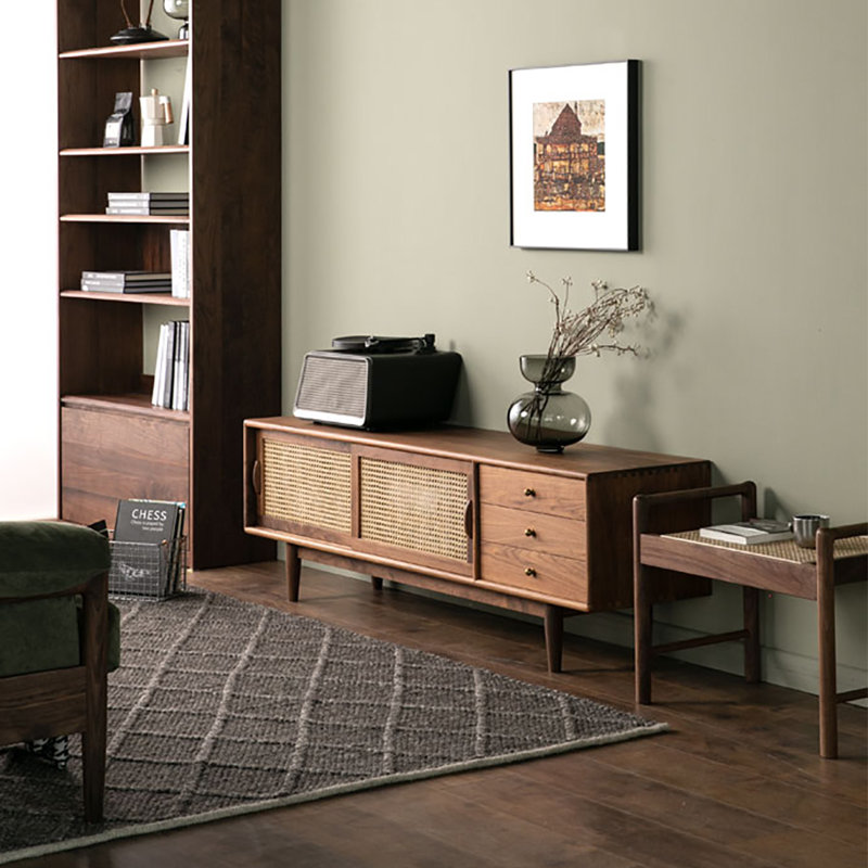 Modern simple rattan TV cabinet, 63", Black Walnut