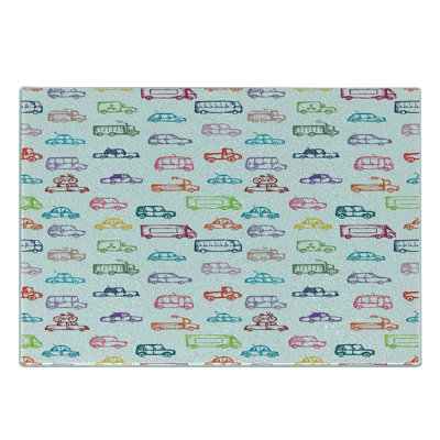Ambesonne Cars Tempered Glass Cutting Board Colorful Funny Bus and Truck Multicolor