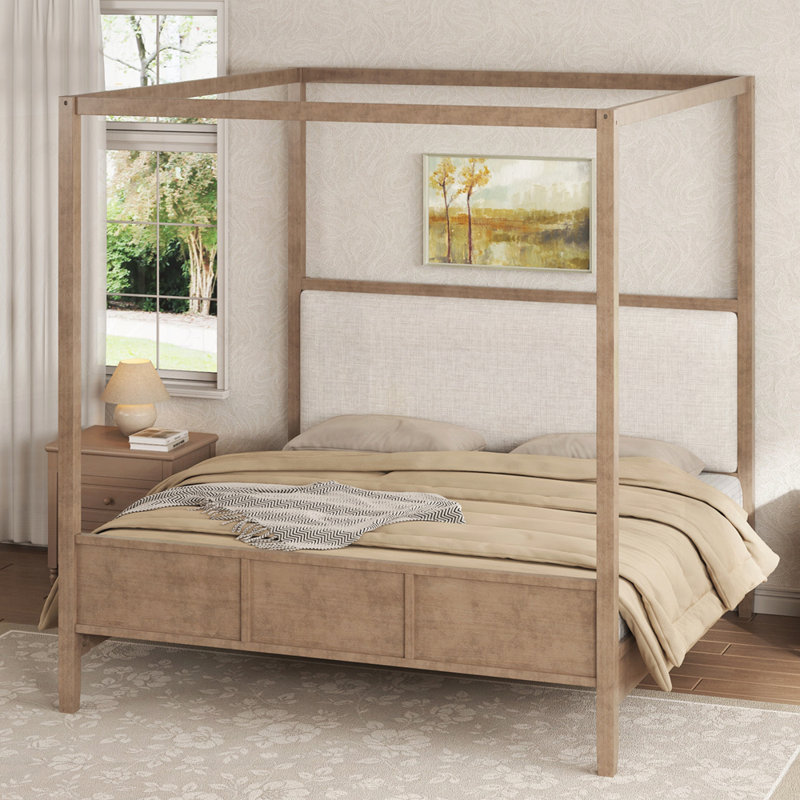 Lit plateforme à baldaquin en bois avec tête de lit tapissier, aucun sommier nécessaire, King, Noyer naturel