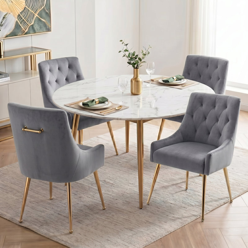 Fewell Velvet Upholstered Dining Chair With Gold Legs, Gray