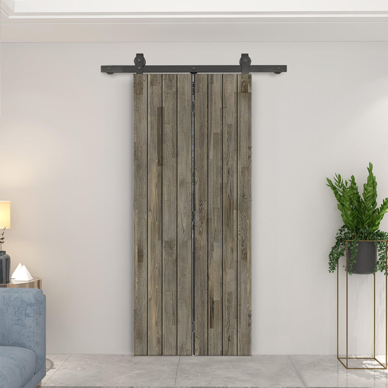 Porte de grange pliante en bois de pin avec quincaillerie coulissante, Gris patiné, 30 po x 80 po