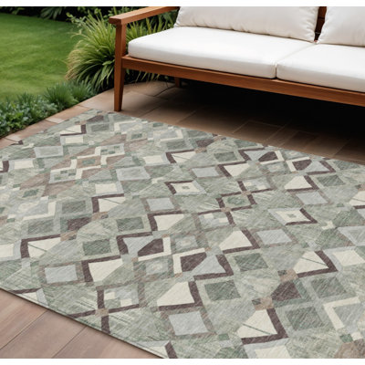 10' X 14' Sage And Off White Geometric Washable Indoor Outdoor Area Rug