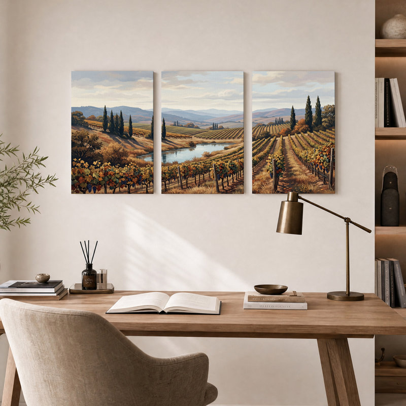 Ensemble de 3 toiles murales représentant des rangées de vignes et des cyprès en automne, 36"H x 24"W x 3pcs