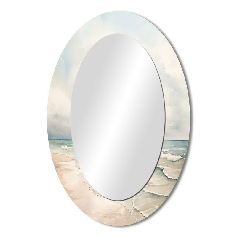 Soft Color Beach Horizon IV - Grand miroir mural ovale sur métal, 36 po x 24 po